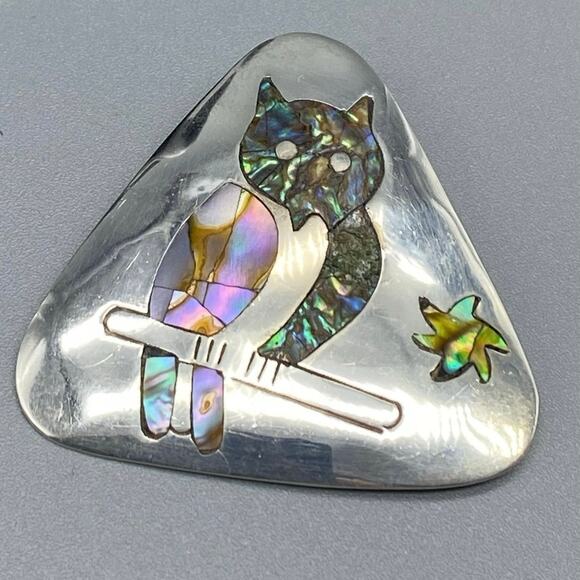 Sterling silver Abalone inlaid Owl‎ Pendant  Brooch Signed Taxco Vintage - Picture 1 of 7